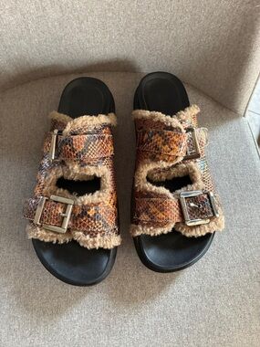 Faux Snakeskin Shearling Slide Sandals - Brown Aersoles